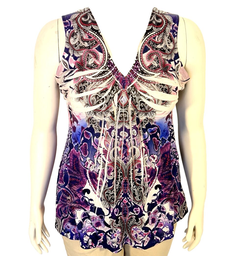 Apt.9 Tank Top Blouse Women's M Purple Damask Paisley Print Beaded Flare Hem Y2K